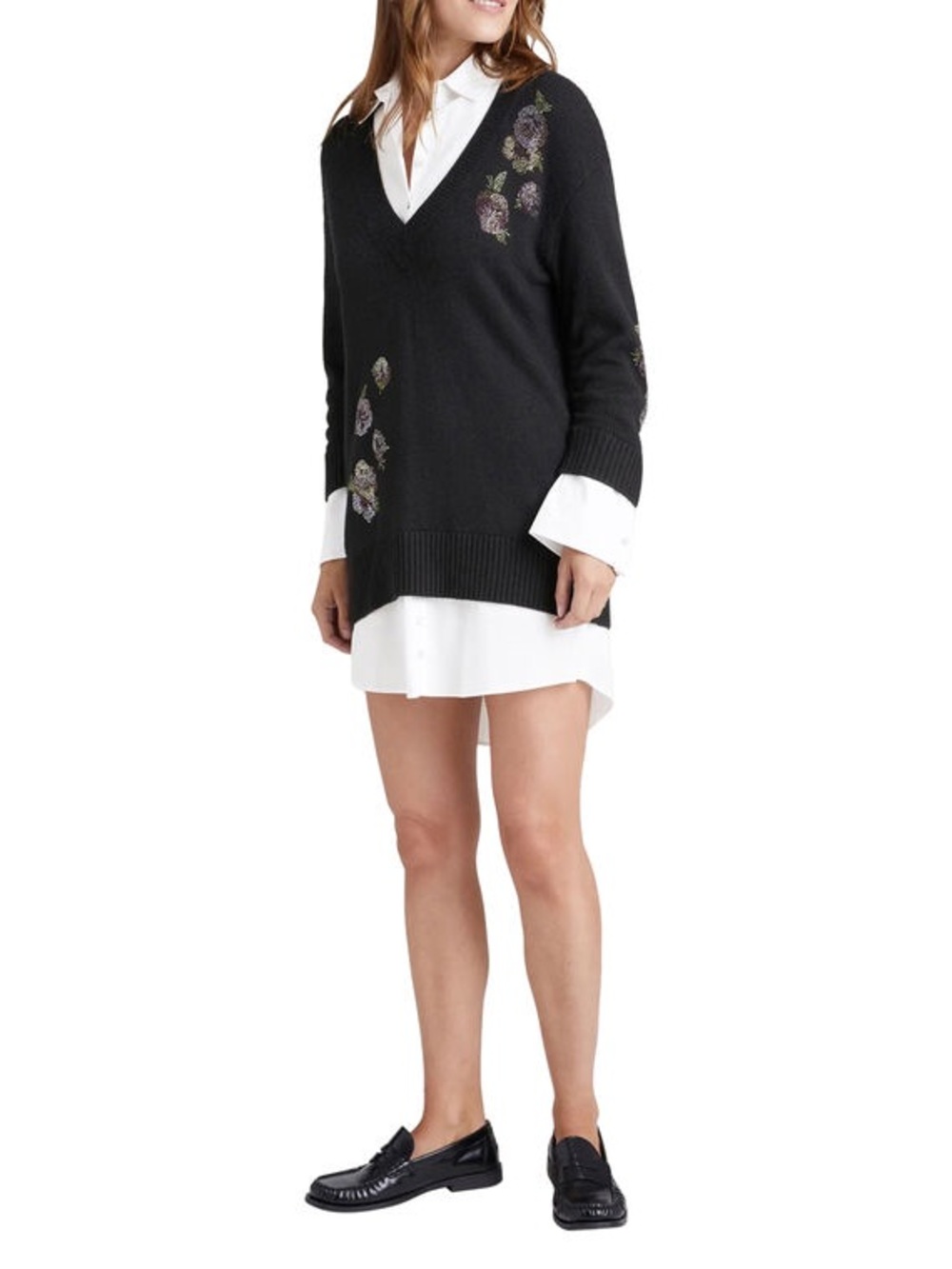 cinq a sept Black V-Neck Mini Dress with Floral Embroidery